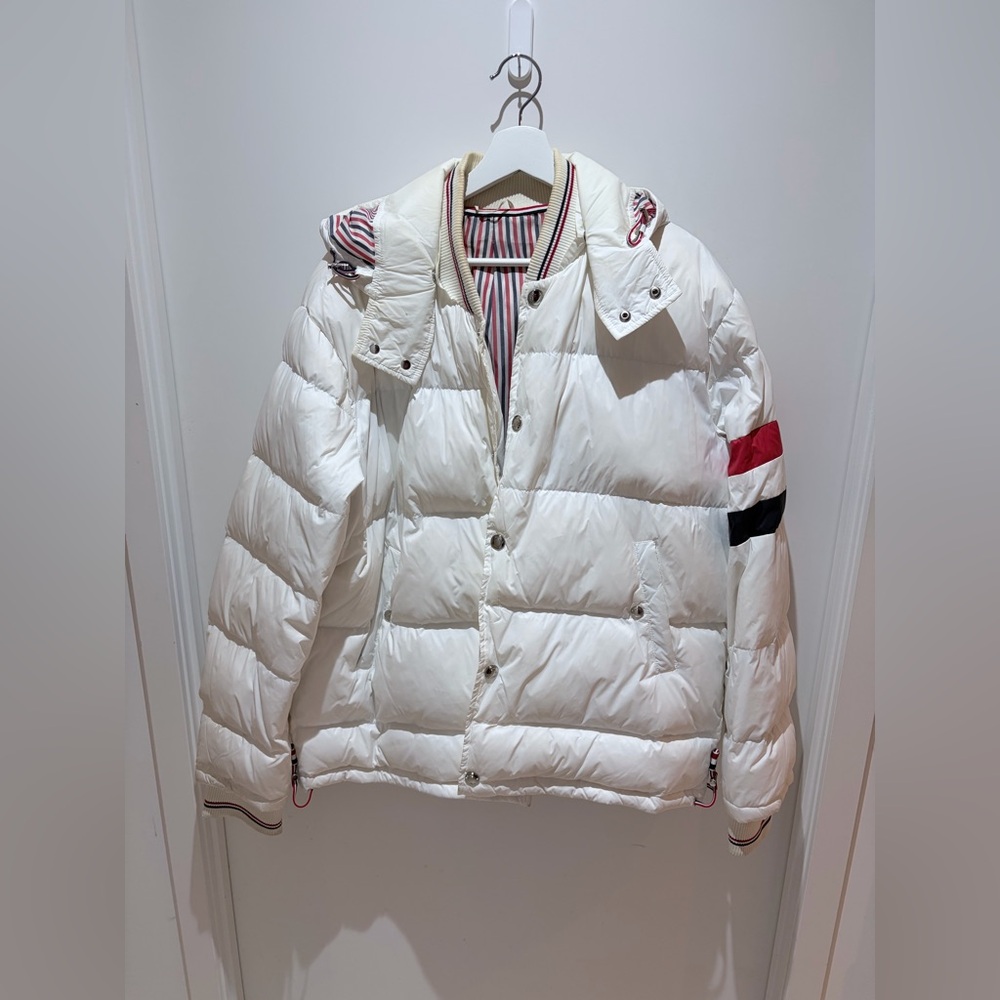 Thom Browne White Puffer Jacket with Red and Black Accents